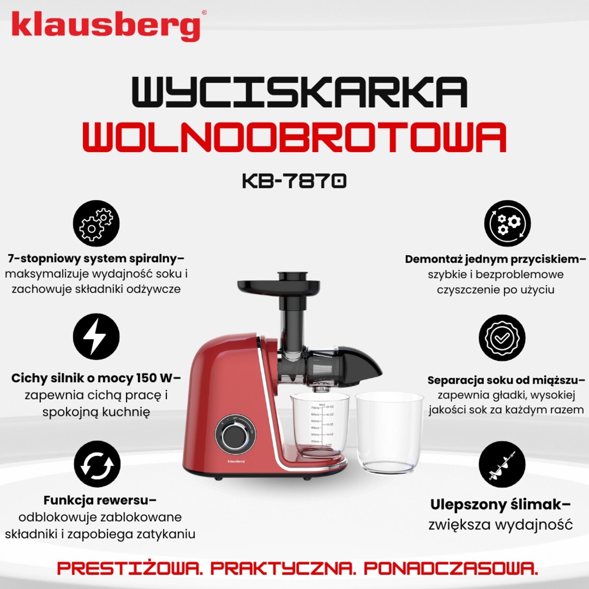 Sokowirówka wolnoobrotowa 150W do owoców i warzyw COLD PRESS KLAUSBERG KB-7870