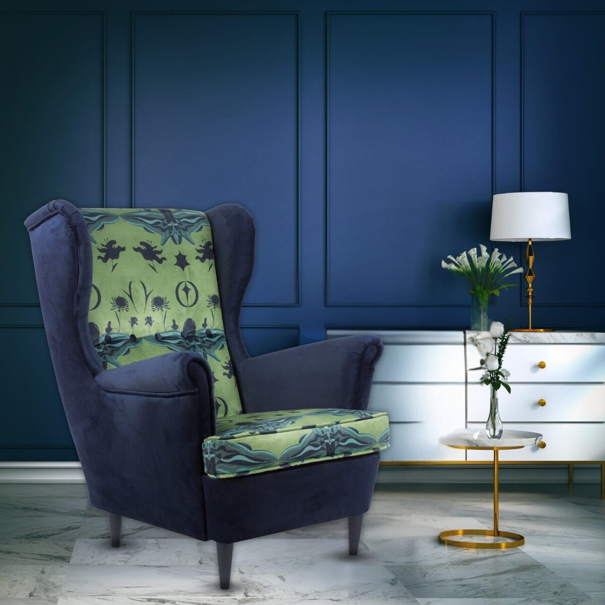 Fotel uszak Richmond velvet – elegancki fotel wypoczynkowy do salonu i sypialni z autorskim wzorem