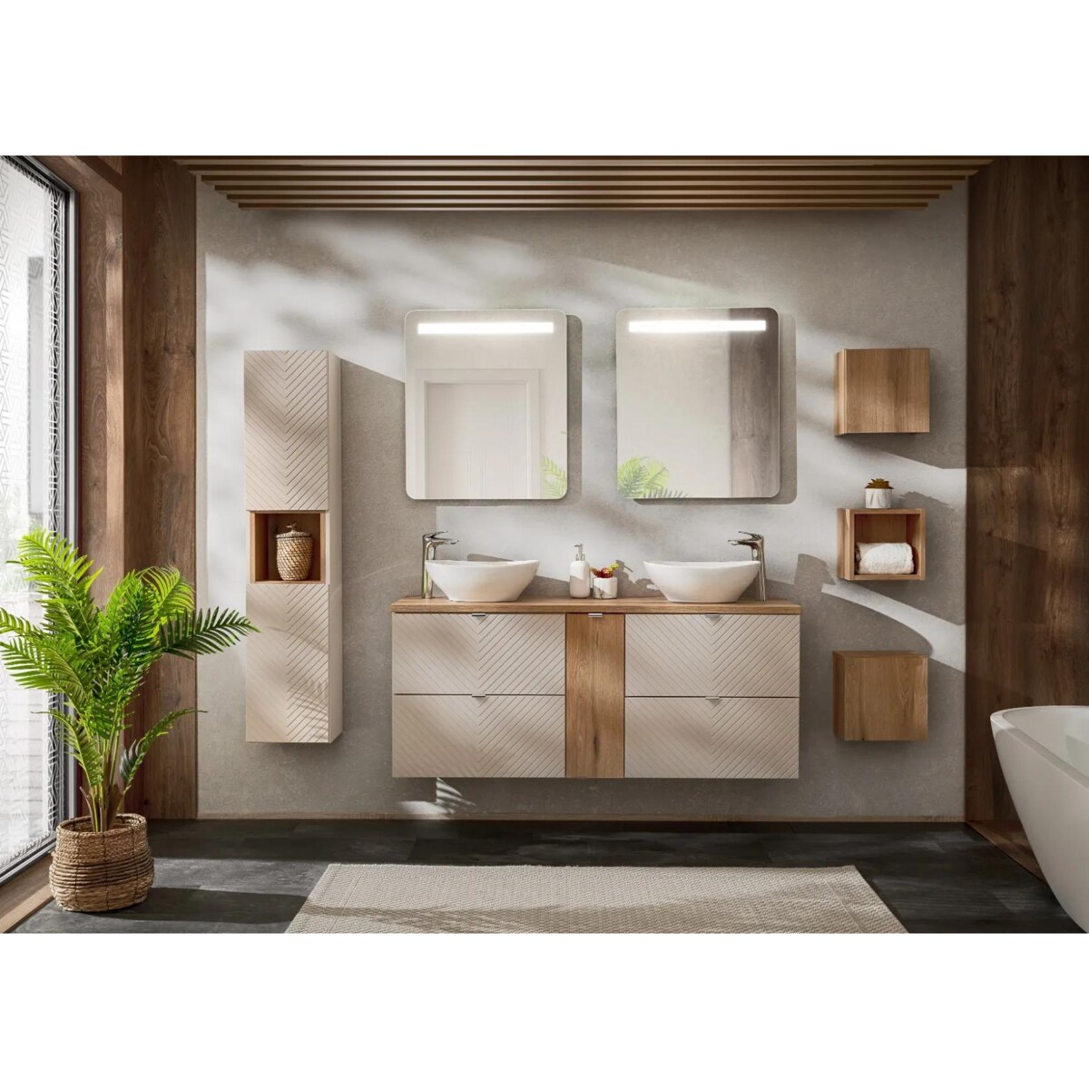 Szafka pod umywalkę nablatową VIVA CASHMERE 2S 60cmx2 kaszmirowy mat - zestaw 140cm z regałem