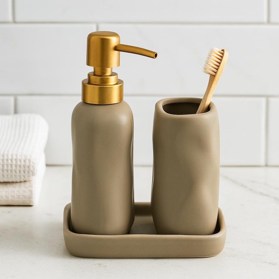 Komplet łazienkowy ze złotą pompką 400 ml 17x14x11 cm FLIKA beżowy