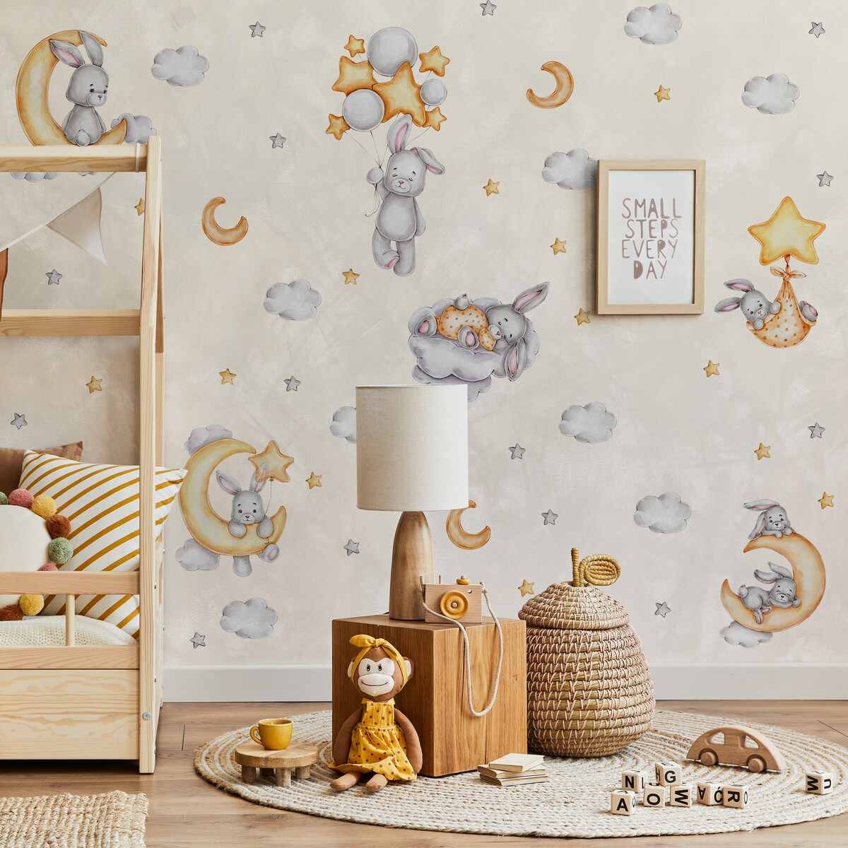 Naklejki Ścienne Dla Dzieci Szare Króliczki Chmurki Gwiazdy Księżyce ZESTAW 120x60cm