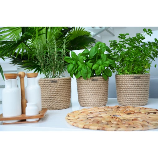 ZESTAW 3 szt 16 BOHO jutowa osłonka na doniczkę do ziół koszyk naturalny sznurek z trawy plecionej JUTA styl skandynawski etno loft wzór 16/200