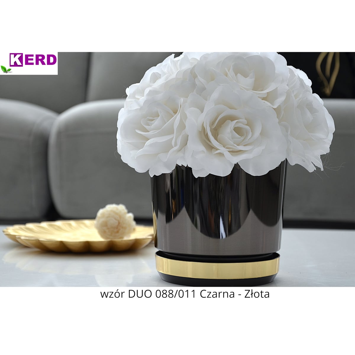 16 Doniczka DUO CZARNA z podstawką ZŁOTA dwukolorowa nowoczesna glamour wysoki połysk metaliczna elegancka
