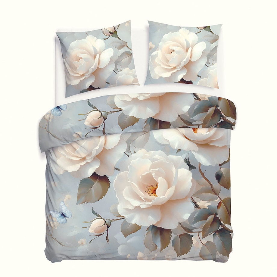 Pościel satyna bawełniana 160x200 Riviera szara w kremowe róże, Satynlove Premium