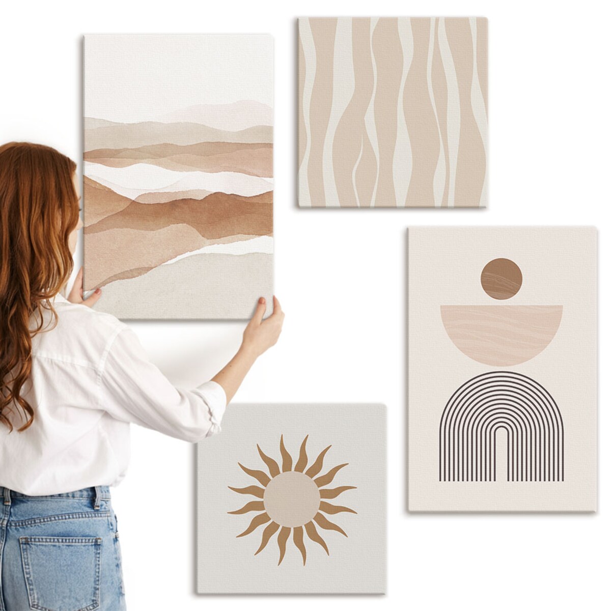 Zestaw 4 obrazów na płótnie - Abstrakcyjny pejzaż natura geometria boho - beżowy