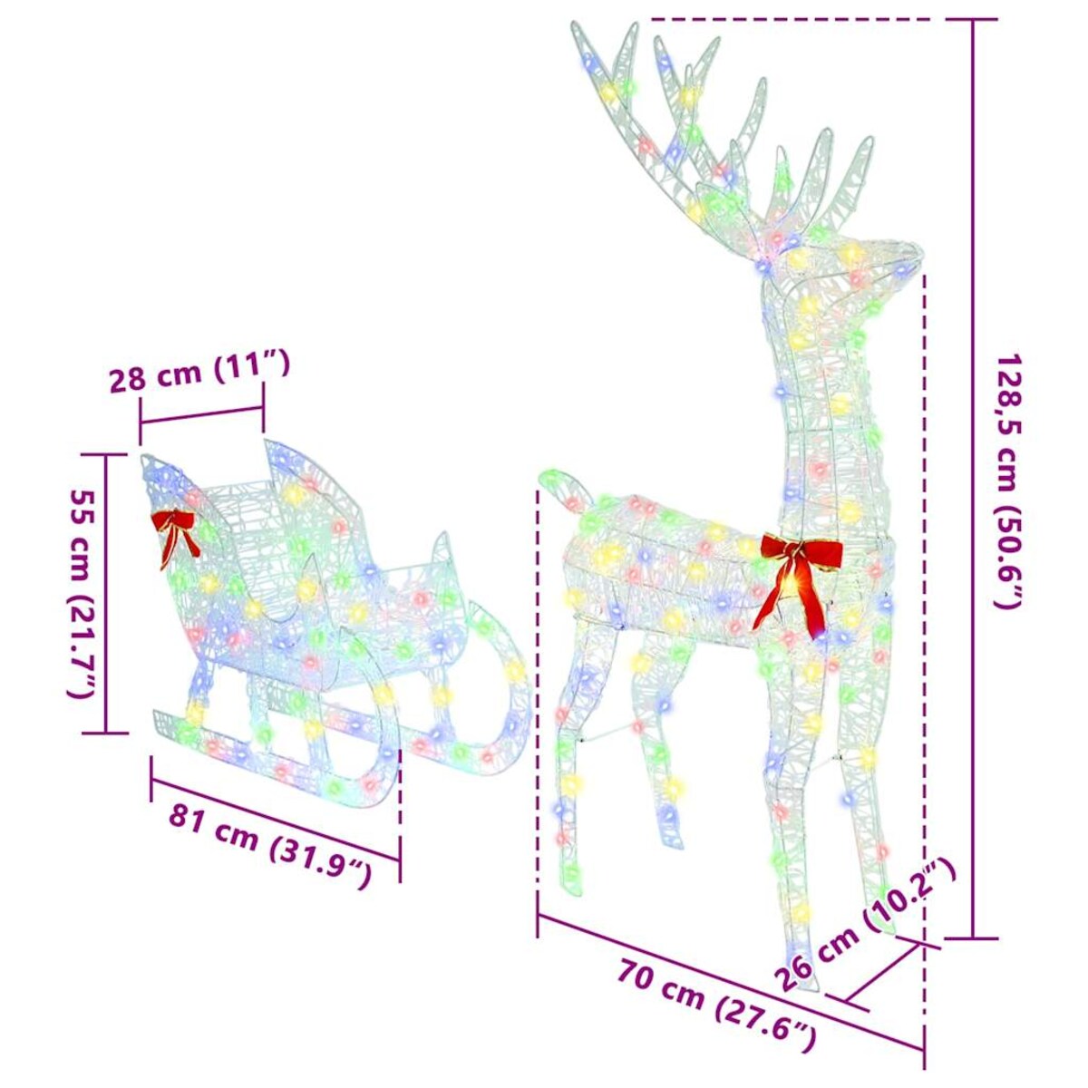 vidaXL Renifer ciągnący sanie kolorowy 70 x 26 x 128,5 cm Akryl