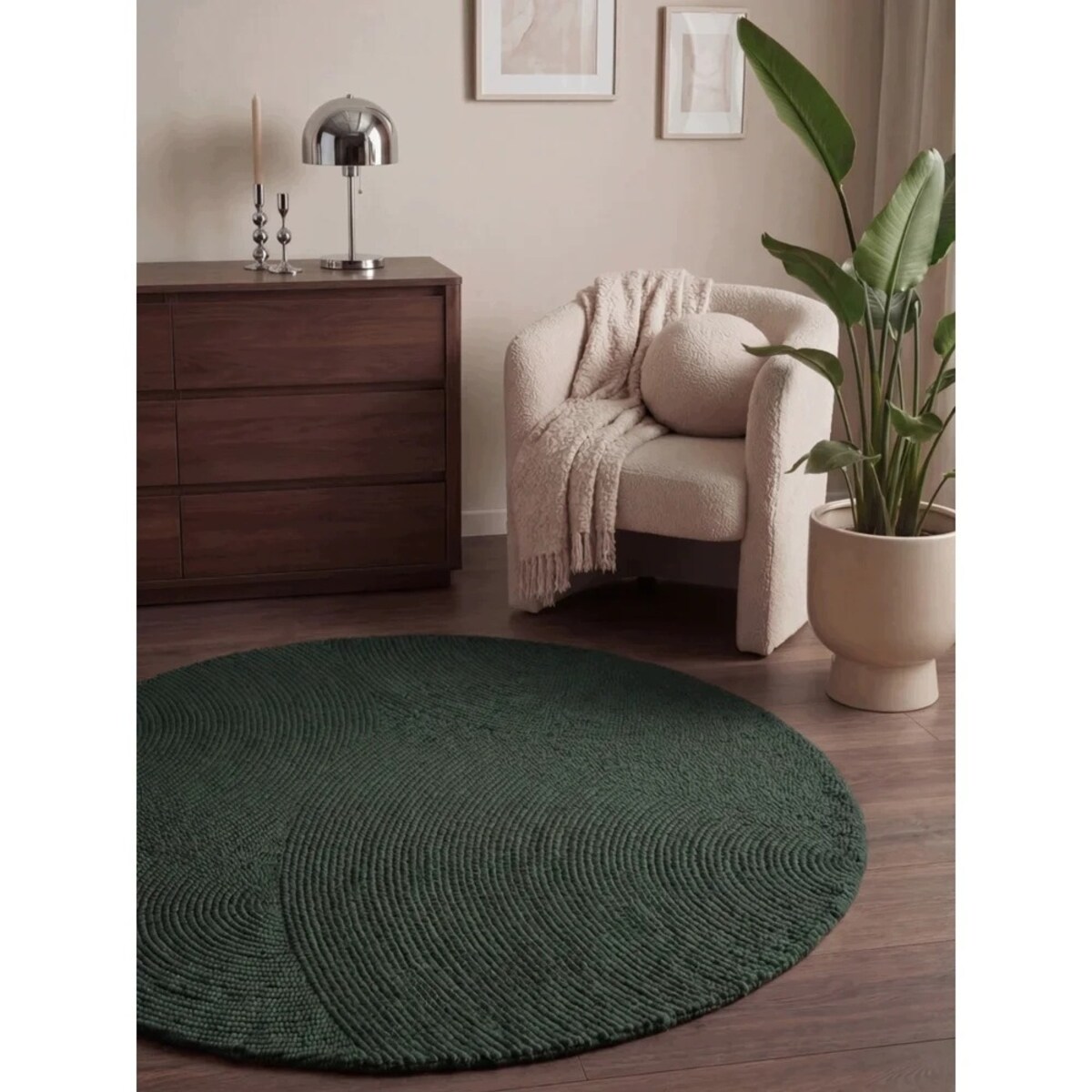Dywan okrągły wełniany do salonu 120cm, zielony tkany ręcznie, pętelkowy