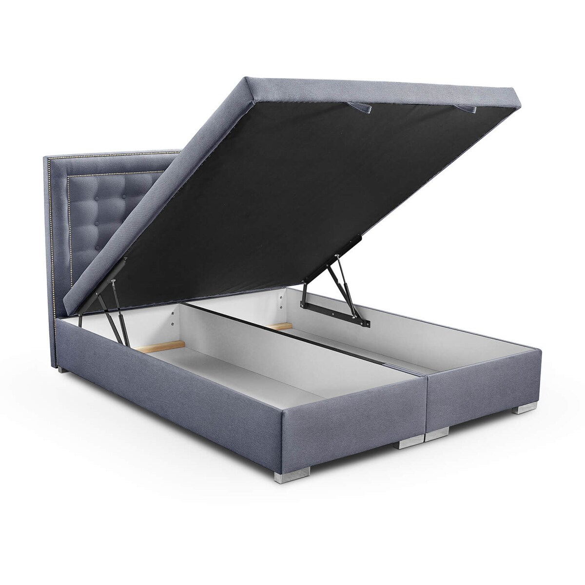 Łóżko tapicerowane BALFORD 200x200 z pojemnikiem, Niebieskoszary, tkanina Megan 360