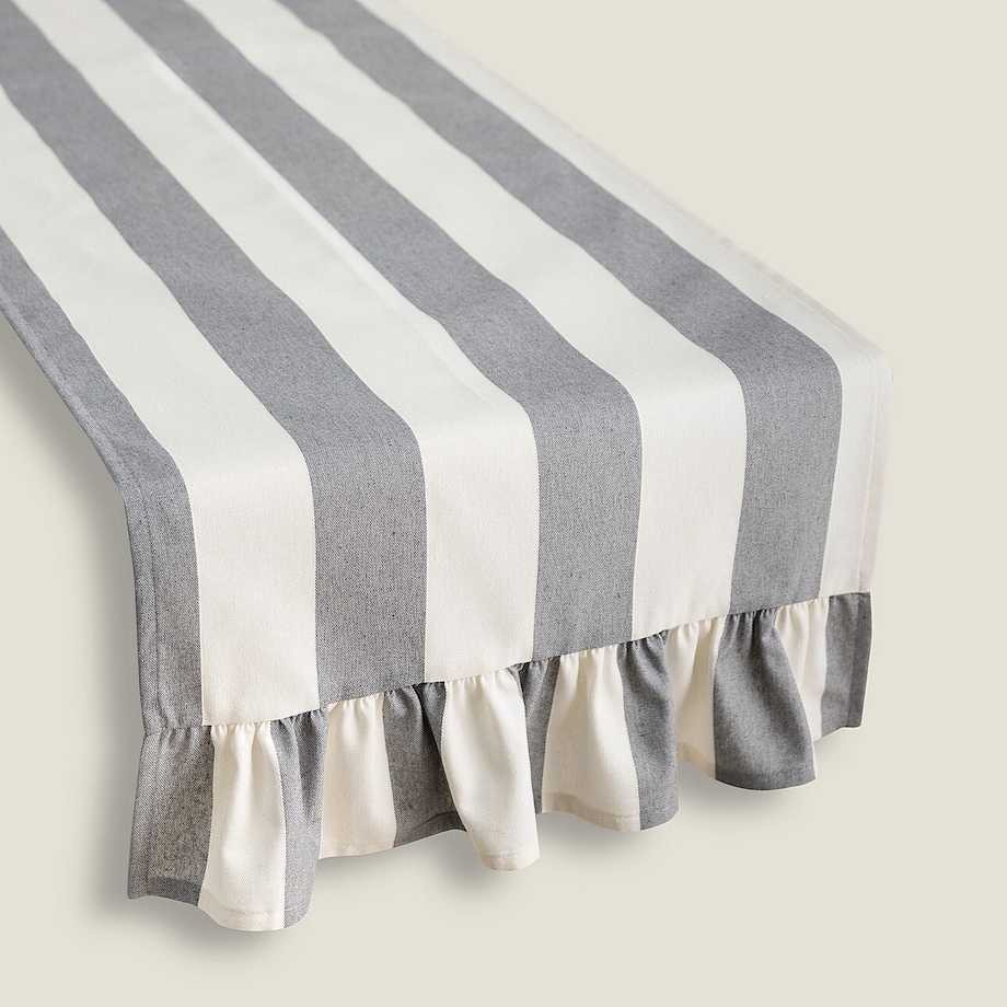 Bieżnik z falbaną 40x160 cm 40x160 biało-szare pionowe pasy (5,5cm)