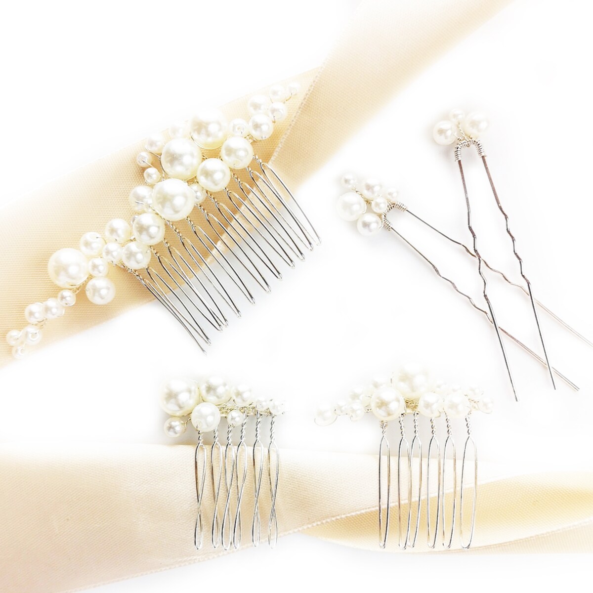 Zestaw ozdób ślubnych z perełkami srebrny