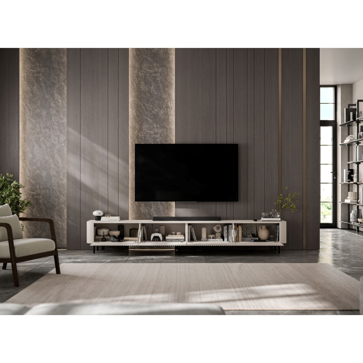 Szafka RTV Komoda RTV 280 cm Glamour Kaszmir Mat Czarny Stelaż