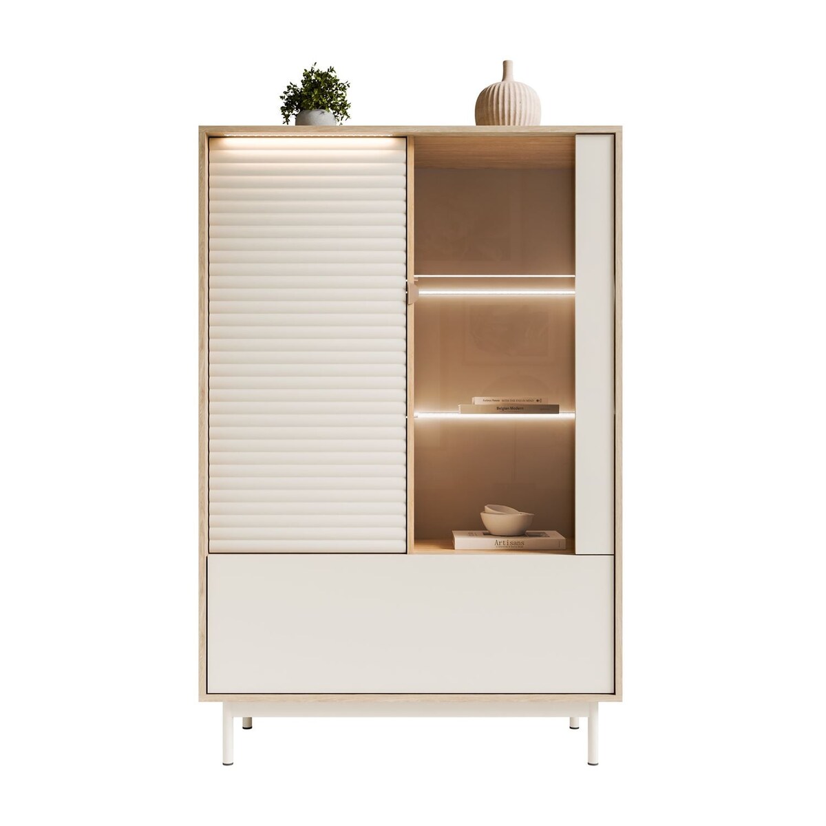 Witryna FLORENCE 2D1W z oświetleniem LED, dąb olejowany / kaszmir