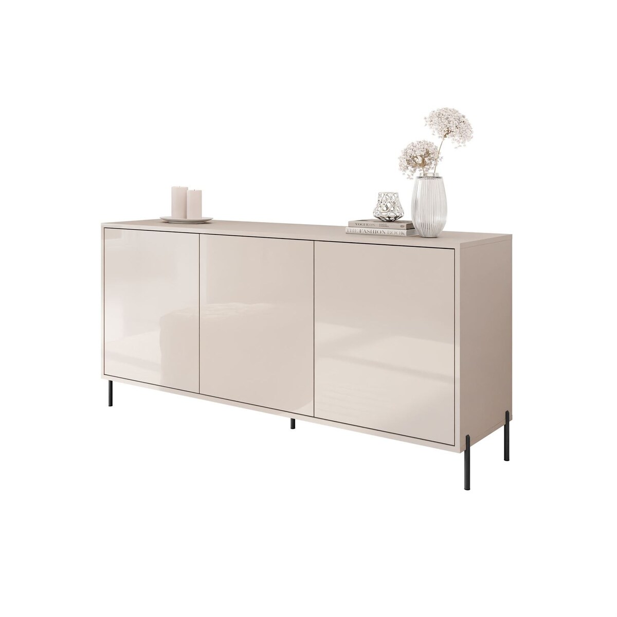 Trzydrzwiowa komoda SANAYI na wysokich, prostych, czarnych nóżkach, kaszmir połysk