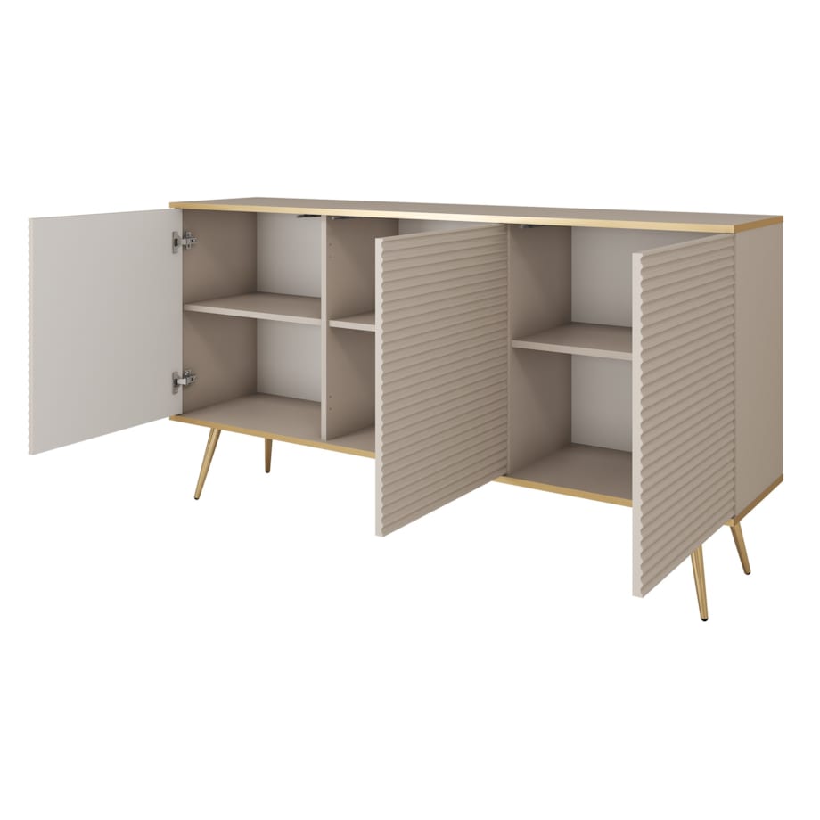 Komoda 160 POLO na wysokich złotych nóżkach, ryflowane fronty, beżowa