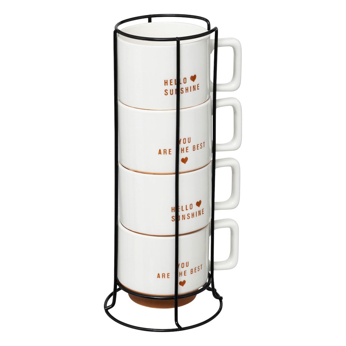 Zestaw 4 porcelanowych kubków HELLO na metalowym stojaku, 4 x 300 ml, kolor biały