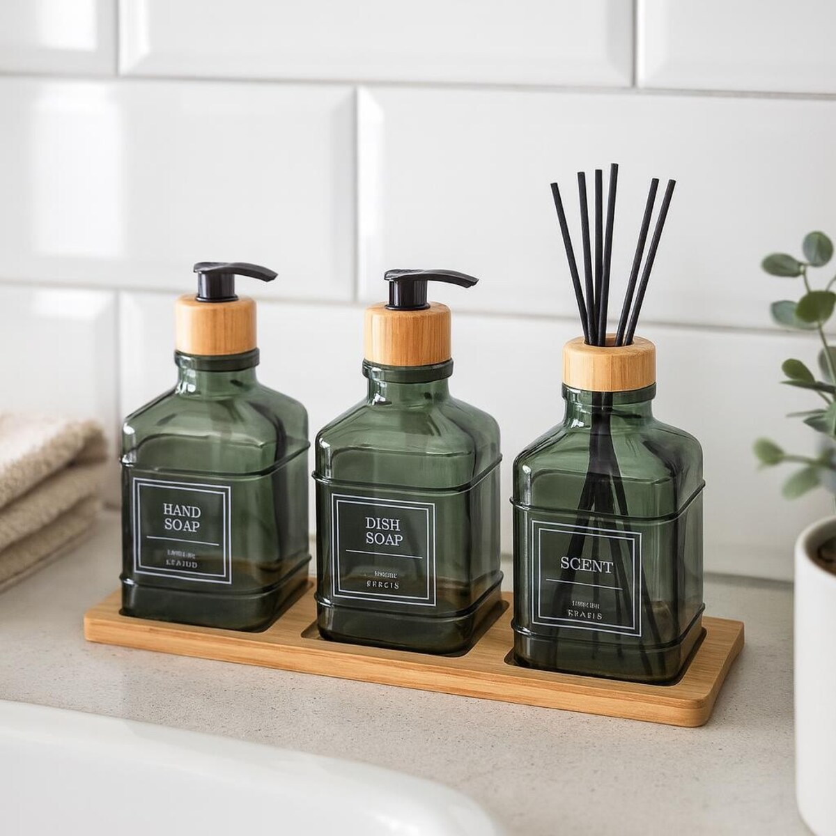 Zestaw łazienkowy z tacką i dyfuzorem 340 ml 15x7x7 cm OLER zielony