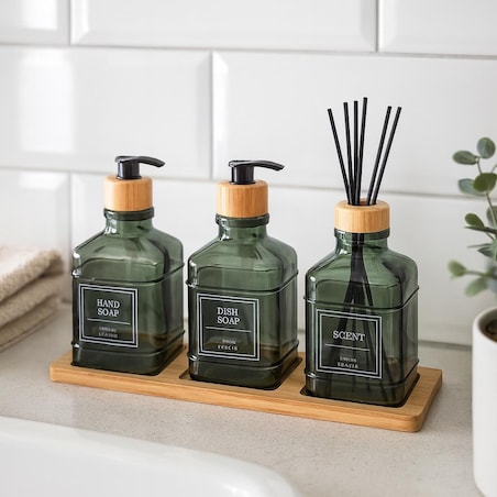 Zestaw łazienkowy z tacką i dyfuzorem 340 ml 15x7x7 cm OLER zielony