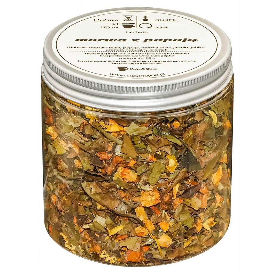 Herbata biała MORWA Z PAPAJĄ o delikatnym smaku papai i jaśminu PREMIUM - herbata liściasta sypana mieszanka napar susz - gotowa na prezent upominek