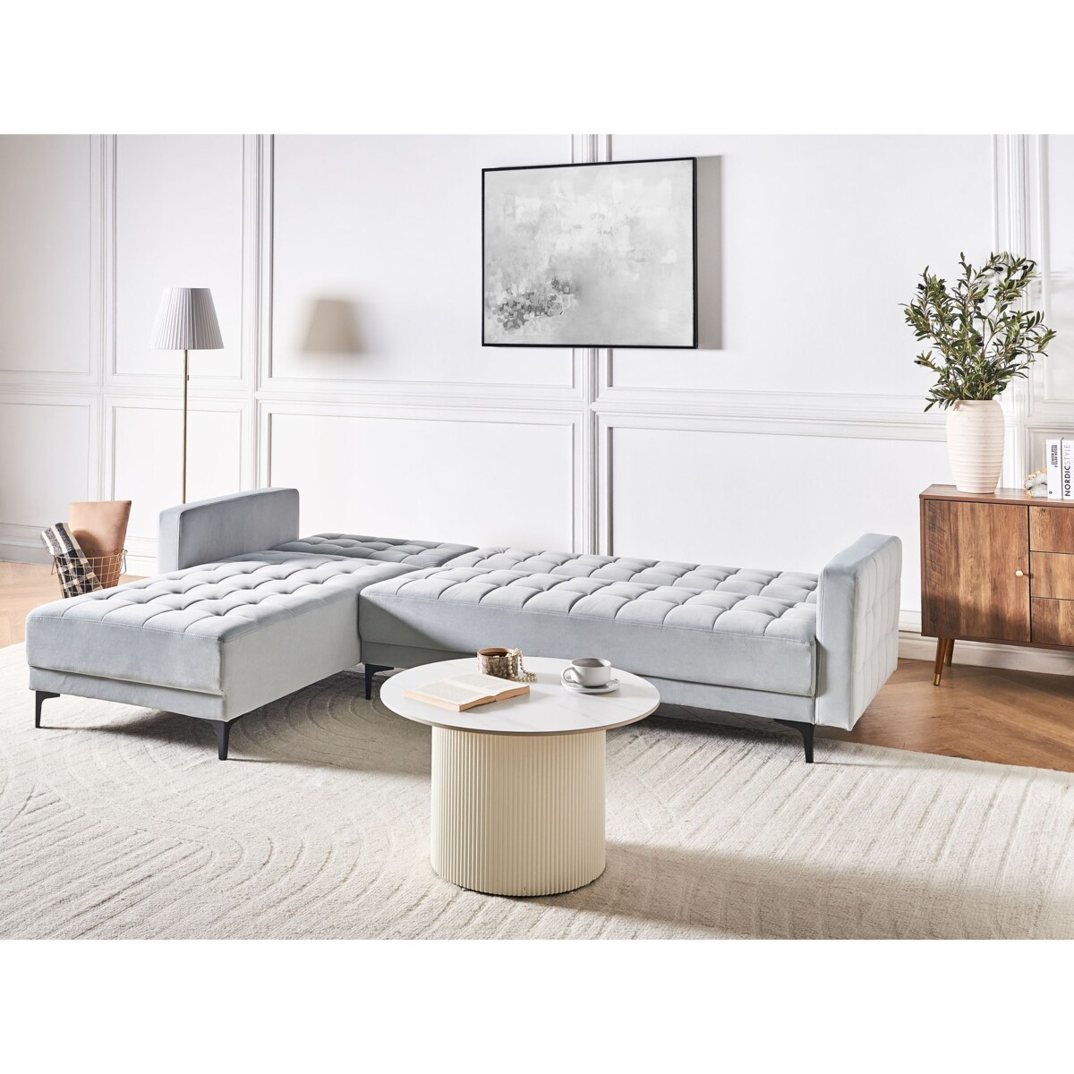 Sofa prawostronna rozkładana welurowa jasnoszara ABERDEEN