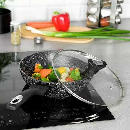 Patelnia granitowa z pokrywką głęboka 28cm indukcja gaz KLAUSBERG Marmo Gold