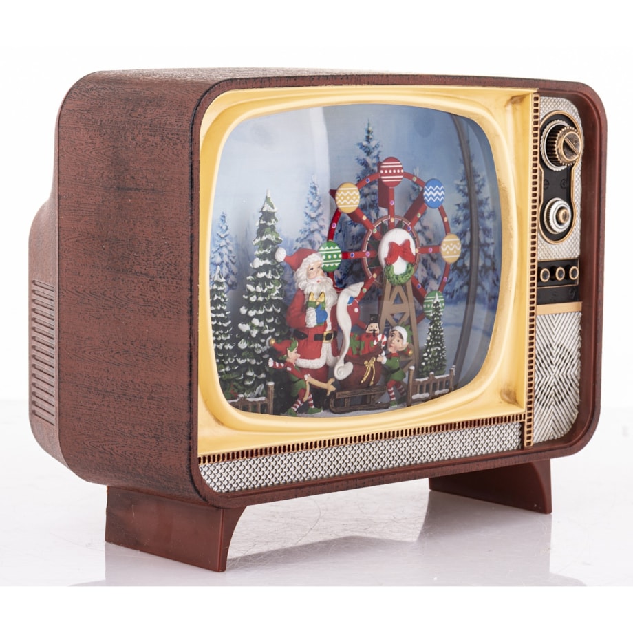 Dekoracja świąteczna - Telewizor z Mikołajem i kołem młyńskim 17,5x21x12 cm LED i pozytywką