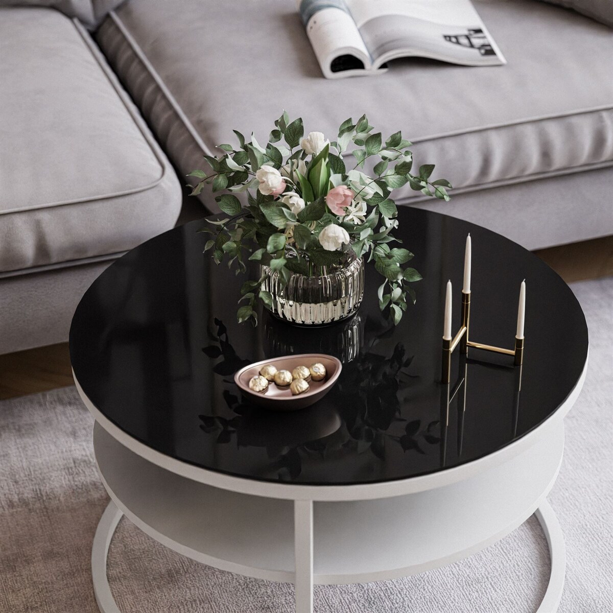 Stolik kawowy CIRI SLIM z półką biały czarne szkło