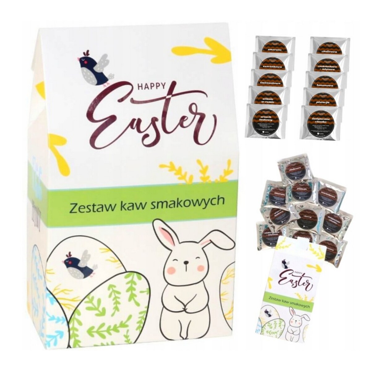 Zestaw kaw aromatyzowanych mielonych HAPPY EASTER mix 10 smaków - prezent upominek box paczka na Wielkanoc Zajączka dla kobiety faceta