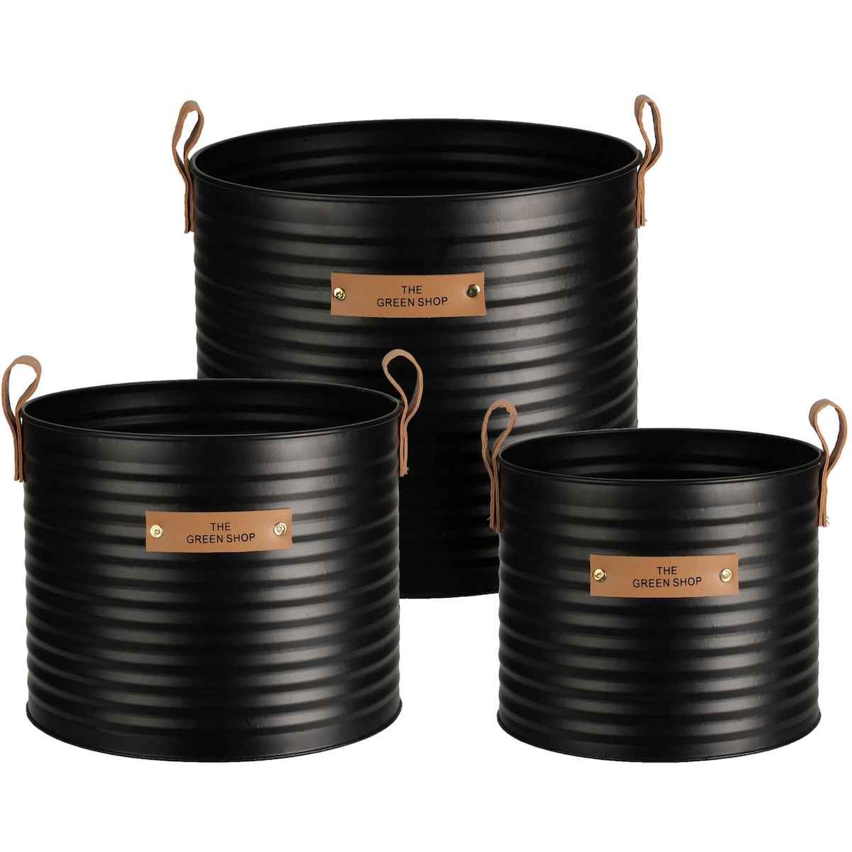 Doniczki metalowe czarne THE GREEN SHOP, puszka z uchwytami i napisem, 3 sztuki