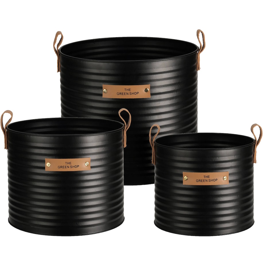 Doniczki metalowe czarne THE GREEN SHOP, puszka z uchwytami i napisem, 3 sztuki