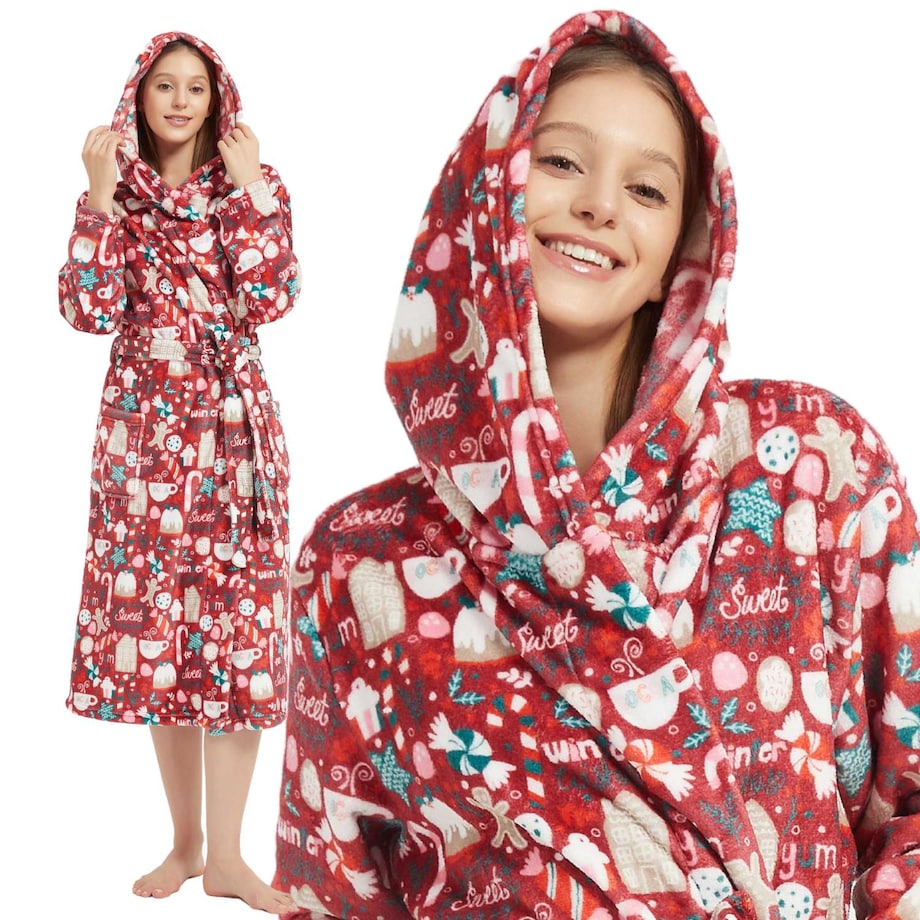 Szlafrok z Kapturem PAULO Świąteczny Czerwony S/M