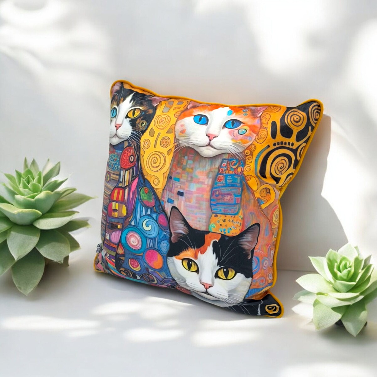 Poduszka dekoracyjna z kotami inspirowana Klimtem 40x40 Tuxedo Cats