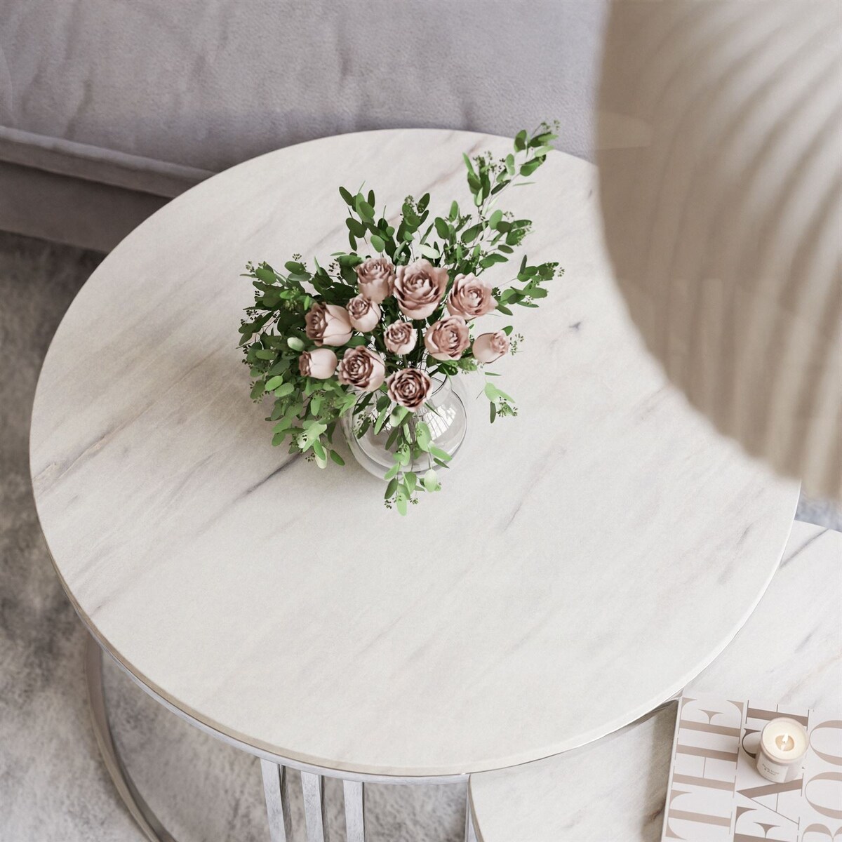 Okrągły stolik kawowy 2w1 LORI srebrny chrom marmur levanto