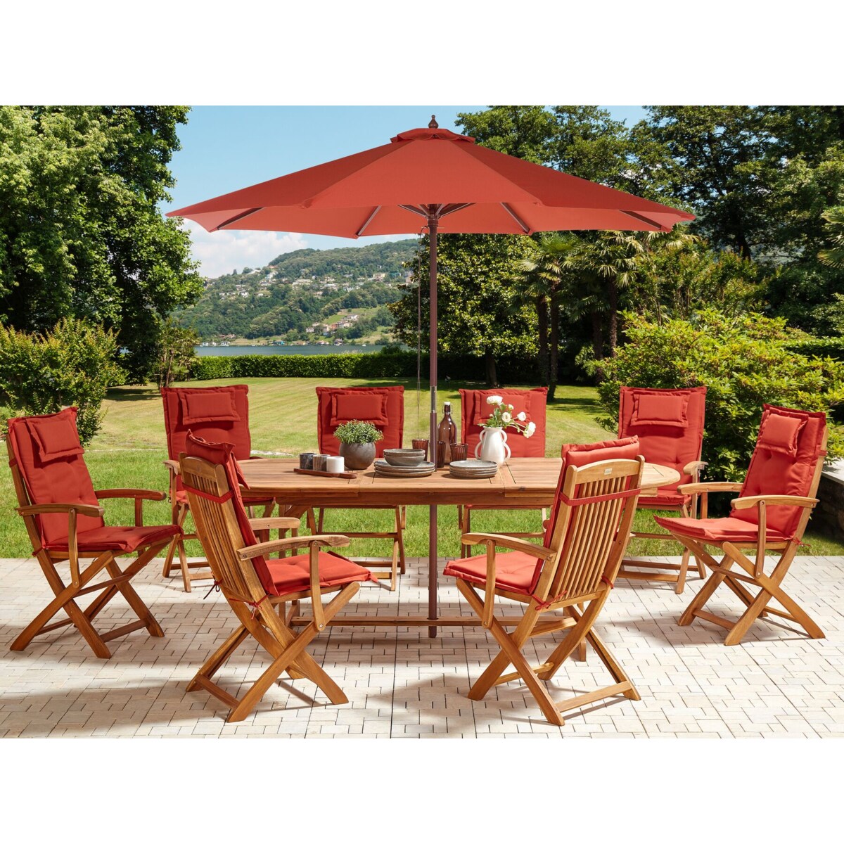 Zestaw ogrodowy dla 8 osób MAUI II z parasolem Drewno akacjowe Bordowy