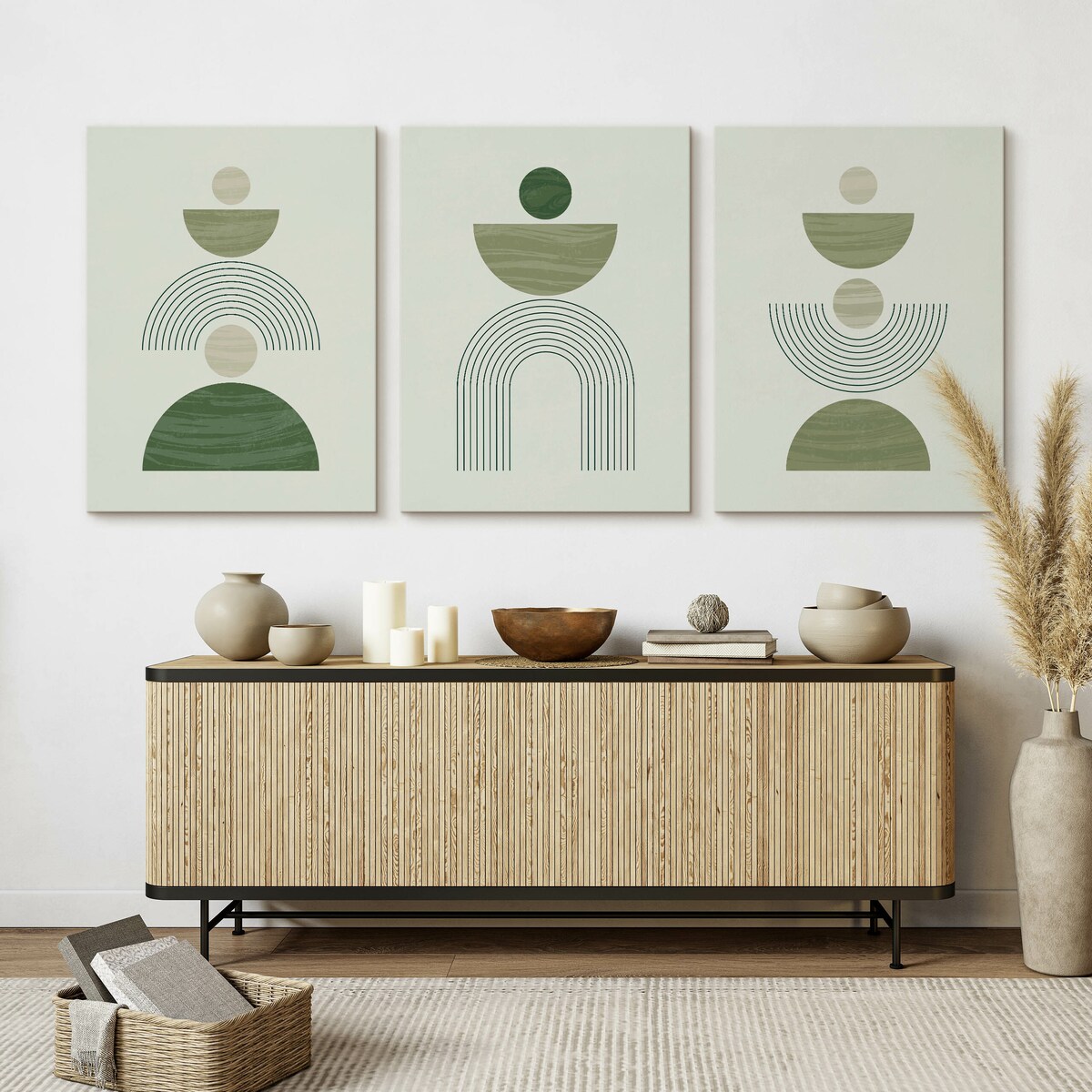 3x Obraz Do Sypialni Set Zielone Misy Abstrakcja Styl Boho Minimalizm 30x40cm