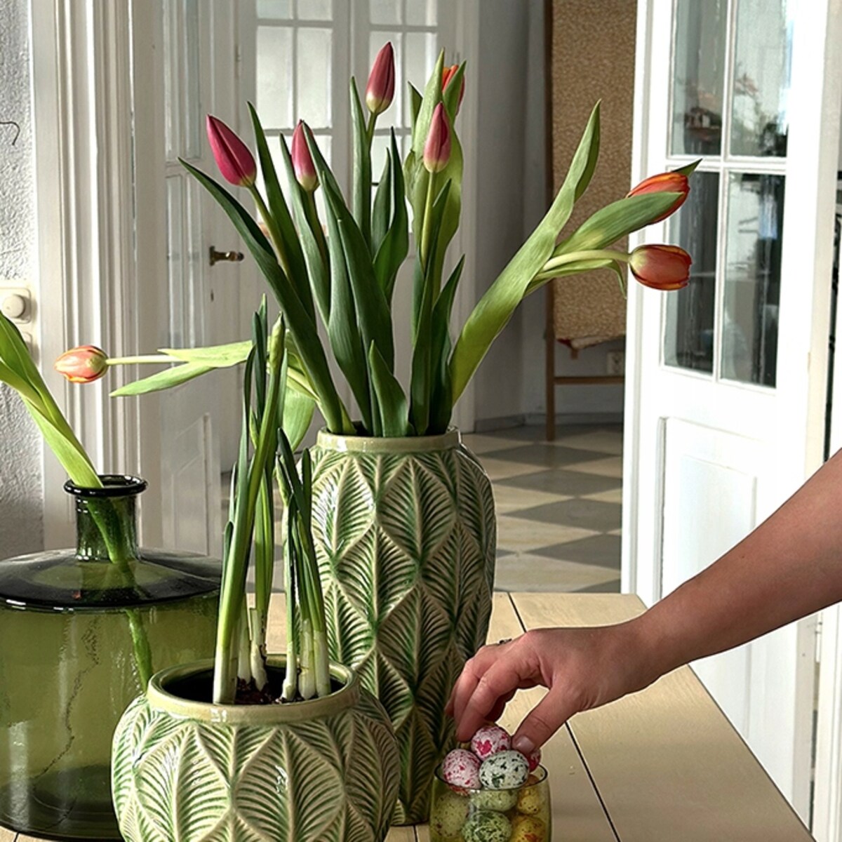 WAZON NA KWIATY ZIELONY CERAMICZNY skandynawski do salonu prezent 30cm