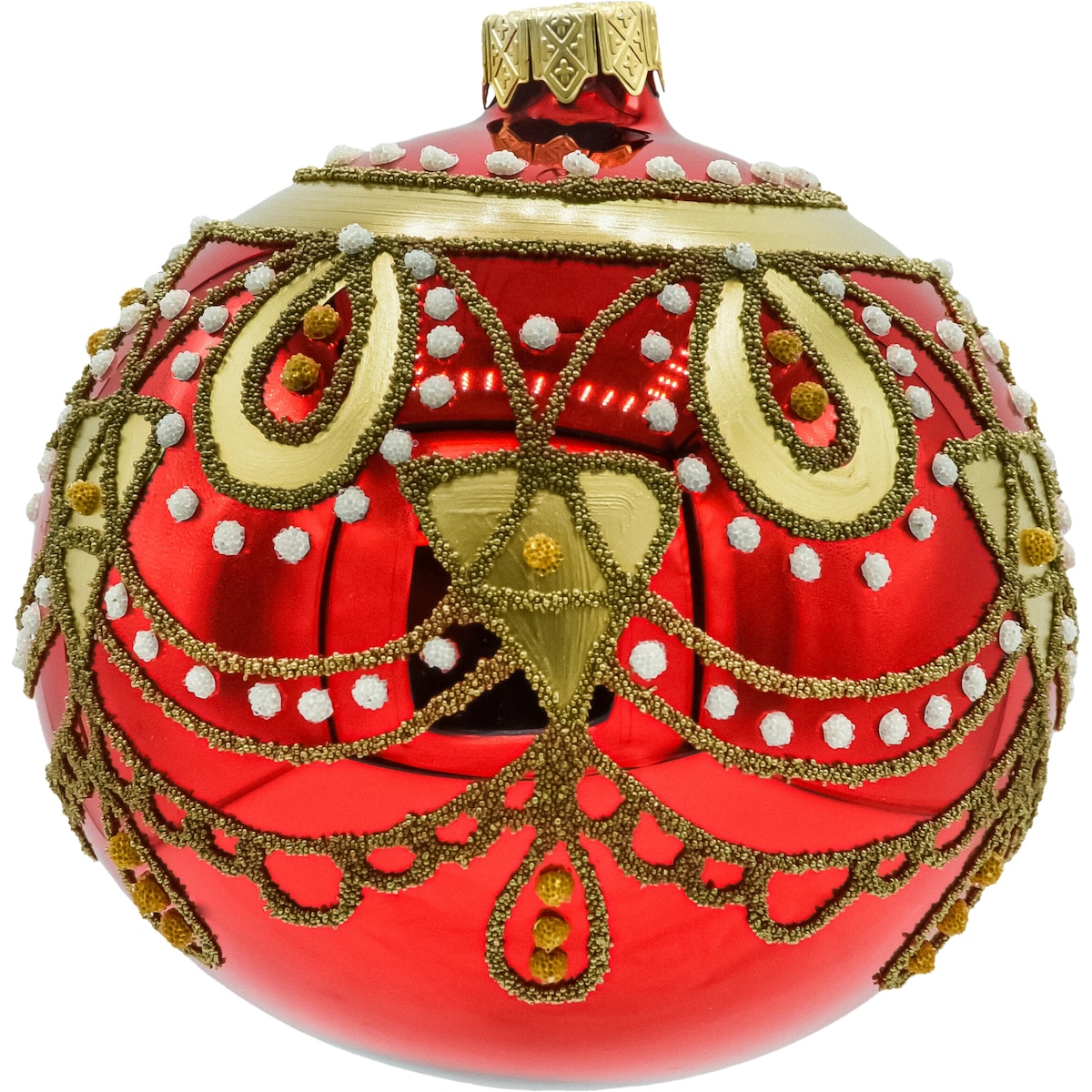 Bombki czerwone ze złotym ornamentem i kryształkami