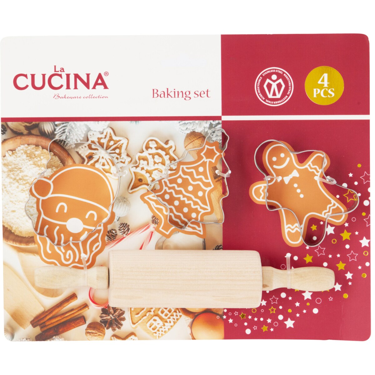Zestaw do pieczenia dla dzieci MIRLI, drewniany wałek i 3 foremki