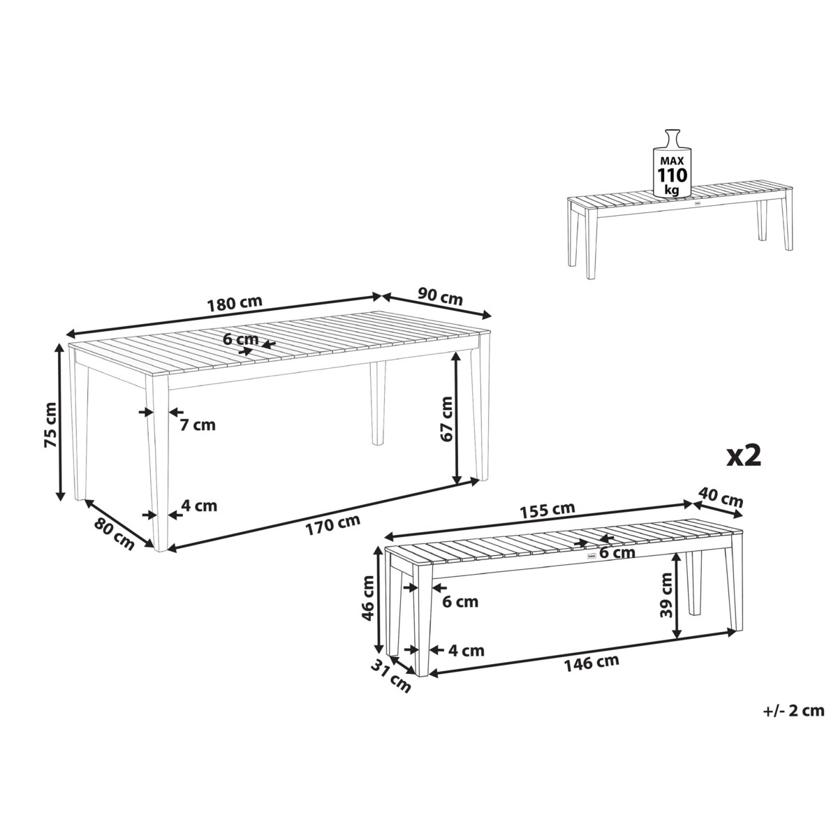 Zestaw ogrodowy z ławkami dla 6 osób CHIOGGIA Certyfikowane drewno akacjowe Jasnobrązowy