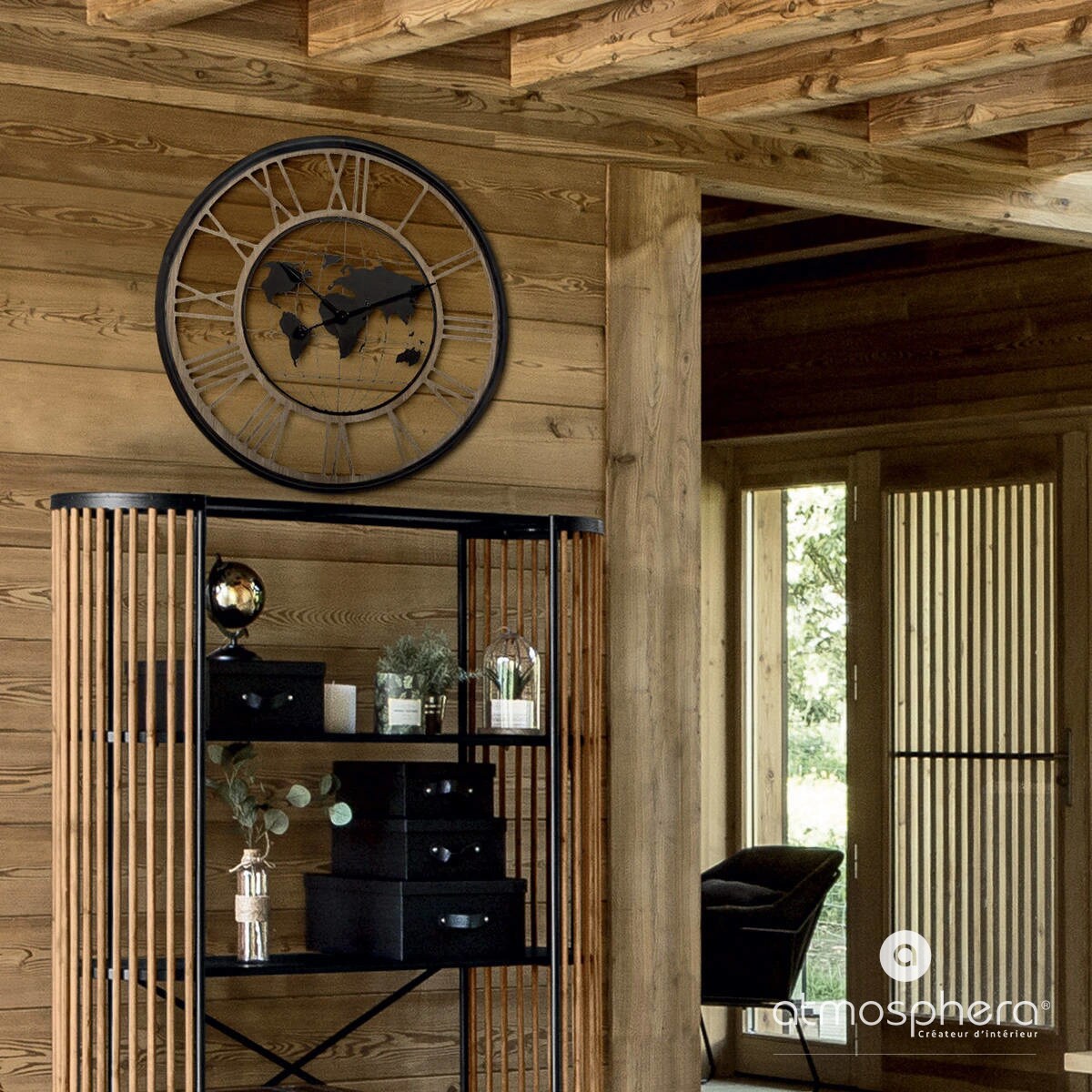 Zegar na ścianę z mapą świata i rzymskimi cyframi cichy mechanizm, Ø 67 cm, Atmosphera