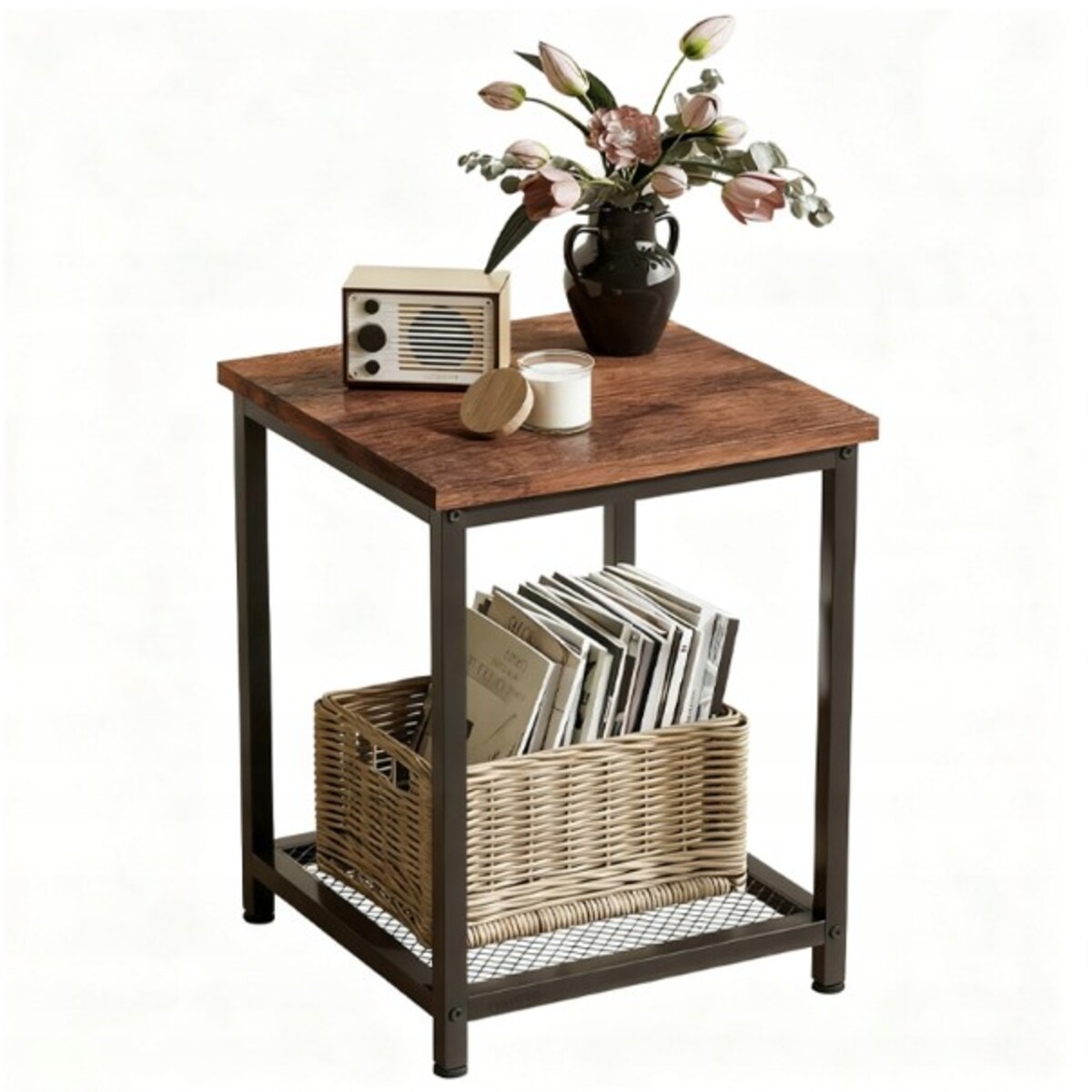 STOLIK KAWOWY KWADRATOWY POMOCNICZY BOCZNY Z PÓŁKĄ RETRO VINTAGE LOFT 55 CM