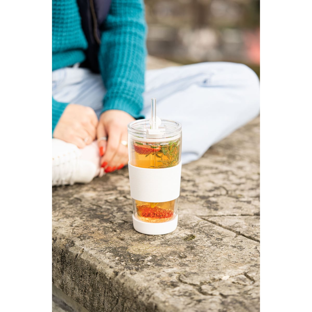 Kubek termiczny szklany ze słomką 600 ml biały Fuori 30404