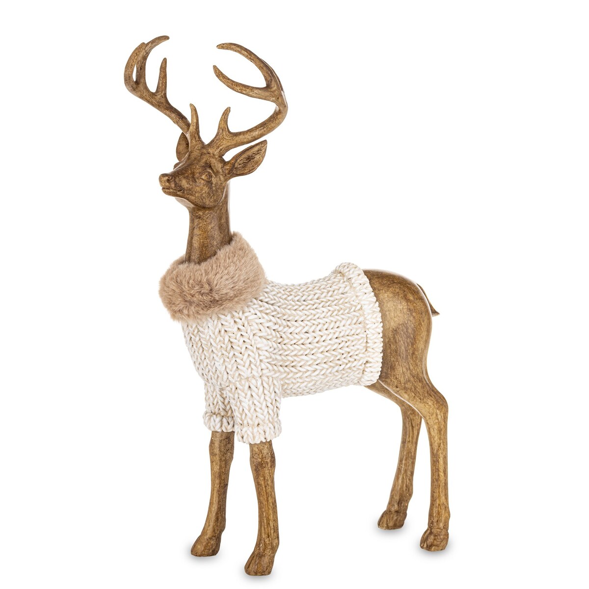 Figurka - stojący jeleń 30,5x19x9,5 cm HJORT brązowy w białym swetrze