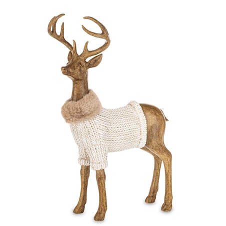 Figurka - stojący jeleń 30,5x19x9,5 cm HJORT brązowy w białym swetrze