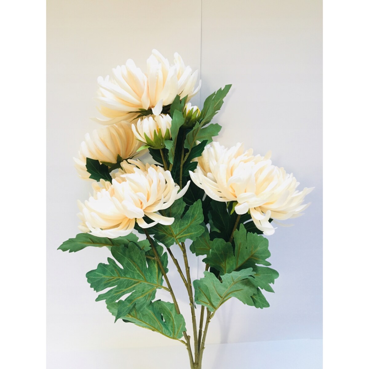 BUKIET DUŻY chryzantemy sztuczne kremowe LIŚCIE do flakonu na cmentarz grób