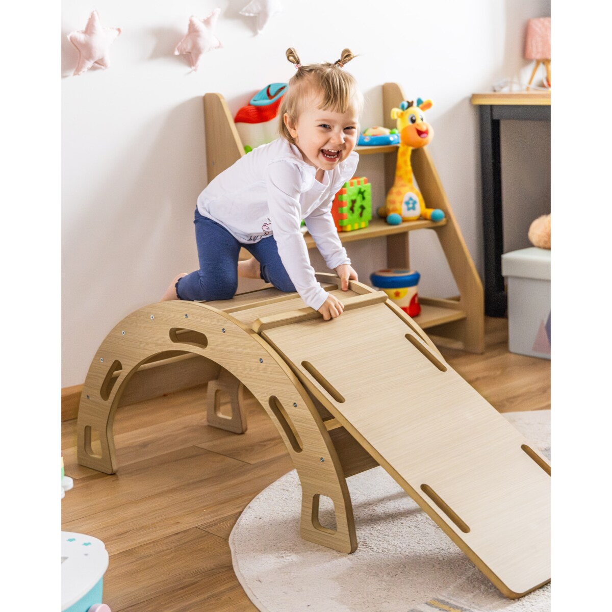 Bujak Montessori DĄB + Zjeżdżalnia ze ścianką wspinaczkową + Poduszka różowa