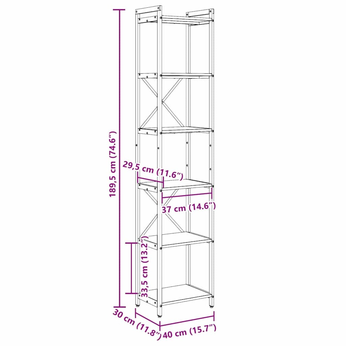 vidaXL Półka na książki Szary dąb sonoma 40 x 30 x 188 cm