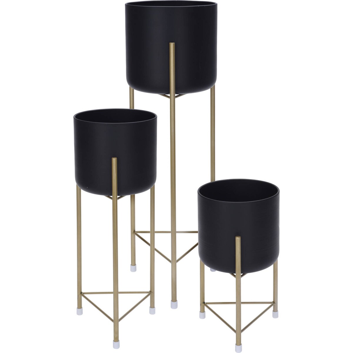Czarne doniczki na złotych nóżkach, minimalistyczne, 3 sztuki