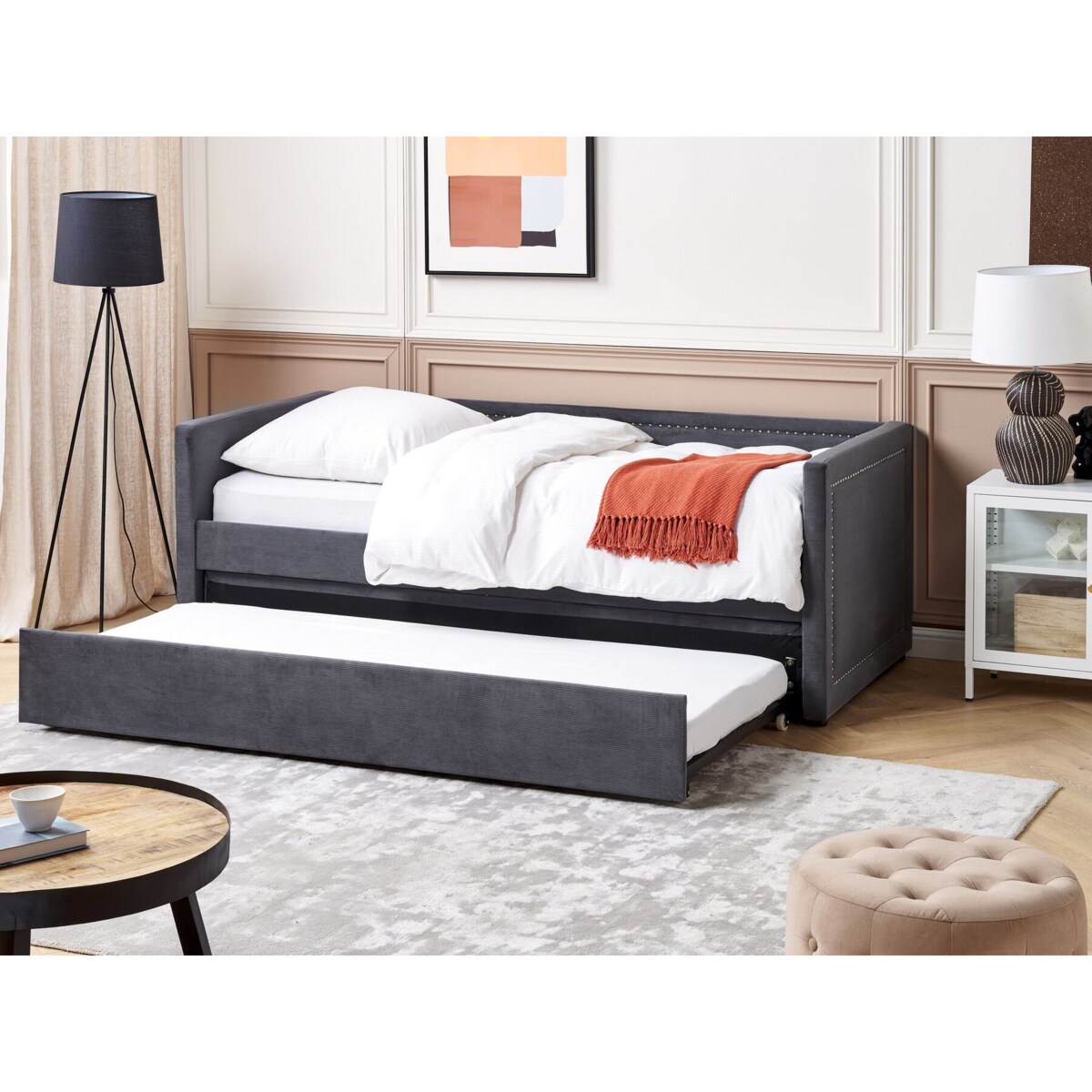 Łóżko wysuwane tapicerowane 90 x 200 cm ciemnoszare MIMIZAN