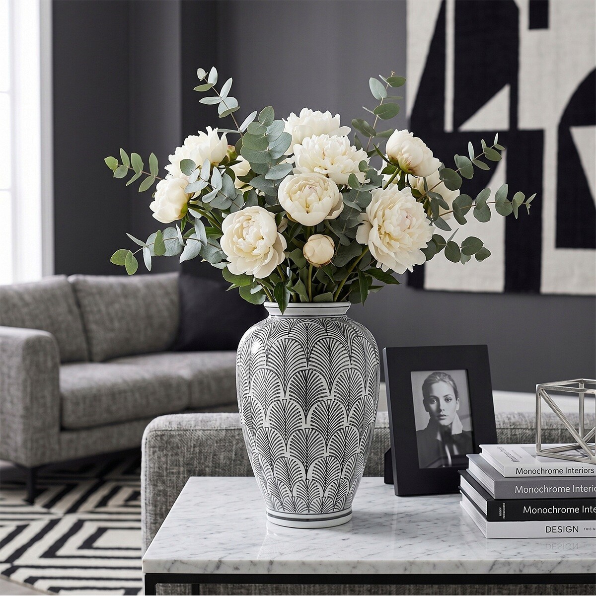 WAZON NA KWIATY BUKIET CERAMICZNY BIAŁY CZARNY DUŻY DO DOMU SALONU 30cm