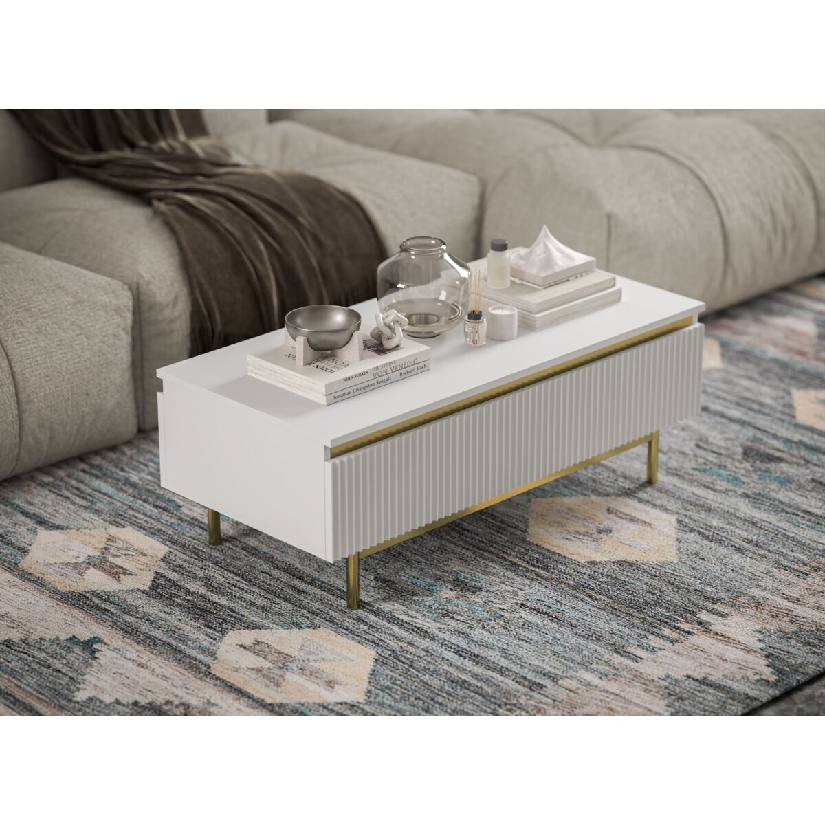 Stolik kawowy Glamour prostokątny elegancka ława Biały Mat Stelaż w złotym kolorze 109 cm